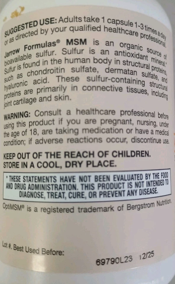 Jarrow Formulas Msm Capsules, 1,000 Mg, Methylsulfonylmethane, Joint Exp 12/2025 - Image 3 of 3