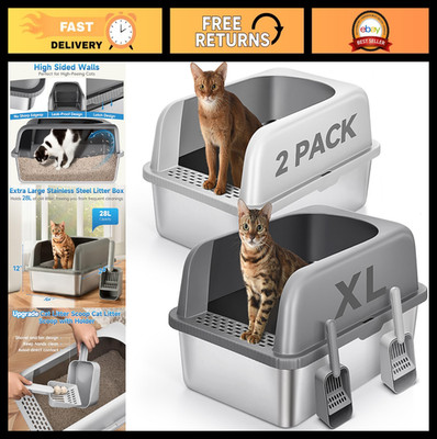 Extra Large Stainless Steel Cat Litter Box with Lid - 2 Pack, High Sided, 24''x16