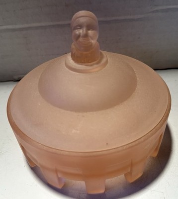 Vintage Taussaunt Pink Frosted Satin Depression Glass Court Jester Powder Jar