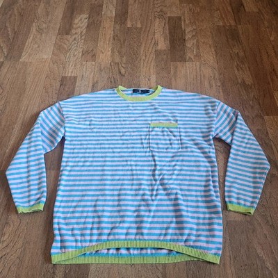 Lillusory Striped Knit Sweater Pink Blue Lime Green Crew Neck Pocket Small 519