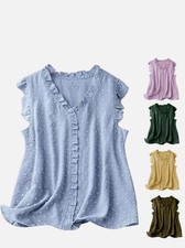 Women Summer V-neck Sleeveless Tops, Elegant Cotton Linen Ruffles Shirt Tank Top