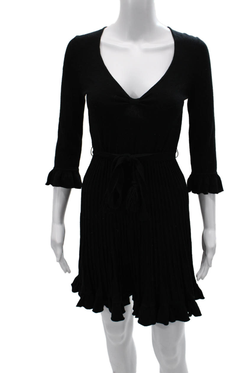 Rebecca Taylor Womens Sweater Dress Mini Black V Neck 3/4 Sleeve Size XSFree Shipping in US $100+ Orders | $6.95 Orders Below