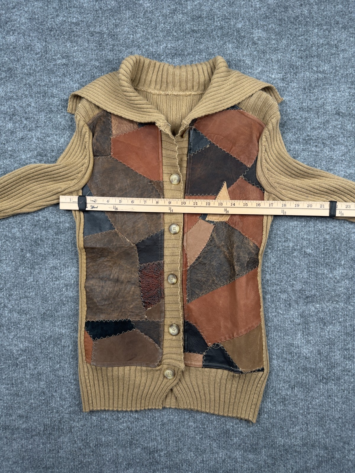 Vintage Patchwork Leather Front Knit Cardigan Swe… - image 12