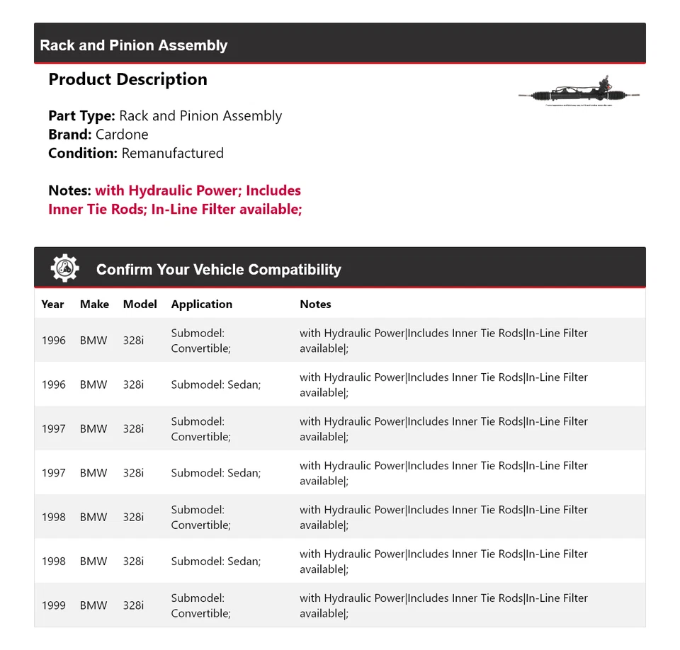 Para 1996-1999 BMW 328i conjunto de rack e pinhão Cardone 1997 1998 - Imagem 2 de 4