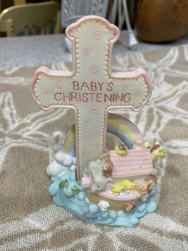 Enesco  Arc "Baby Girl" Christening Cross figurine with rainbow - Picture 1 of 2