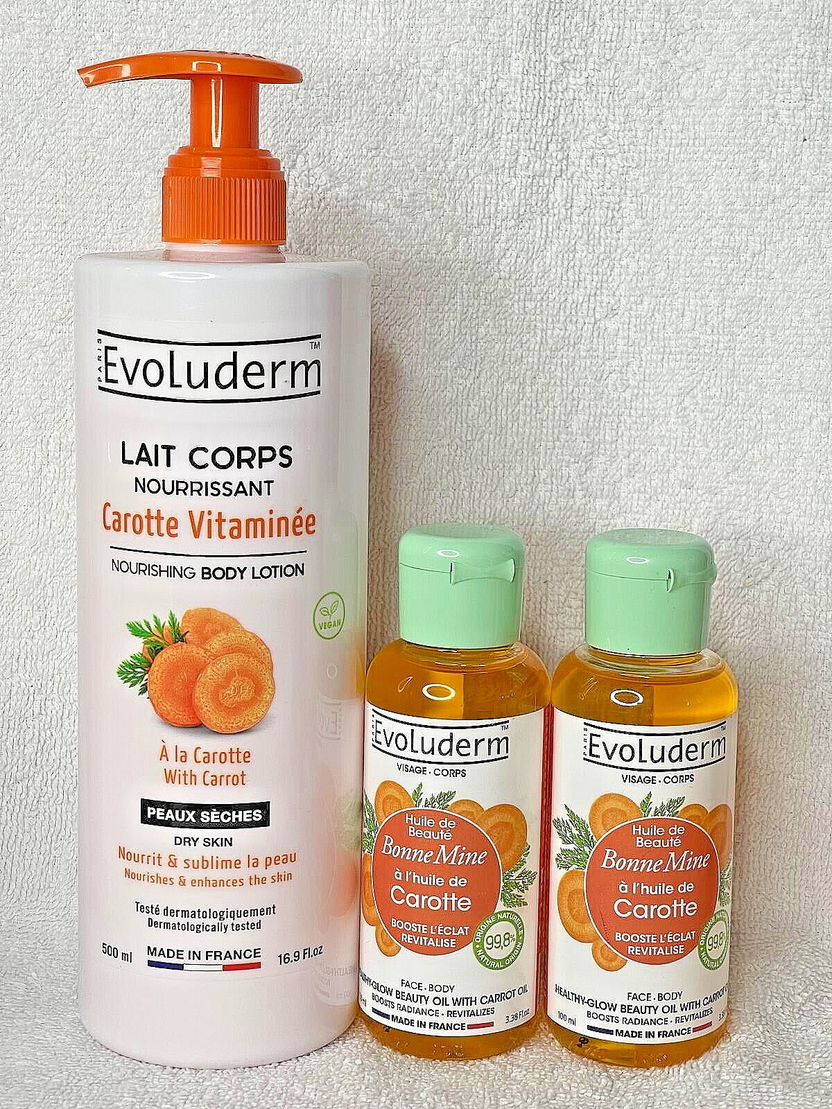 Coffret Carotte EVOLUDERM avec lait corporel et huile 100ml pour un soin complet