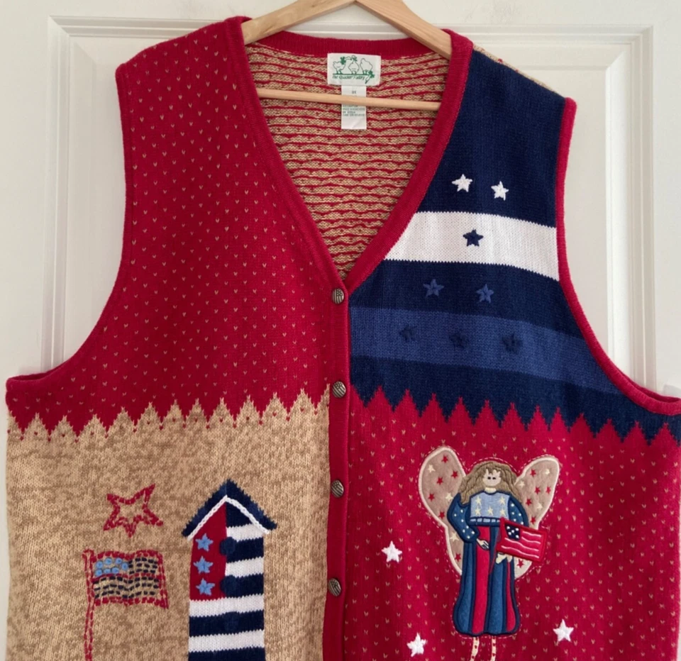 Vintage Quacker Factory Sweater Vest Sz 3X Patchwork Patriotic Americana Holiday - Image 2 of 4