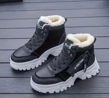 Women's Solid Color Fluffy Sneakers, Lace Up Soft Sole Platform
