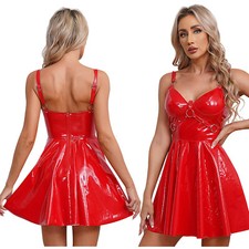 UK Womens Strappy Slip Dresses Short Dress Leather Mini Clubwear Gothic Dress