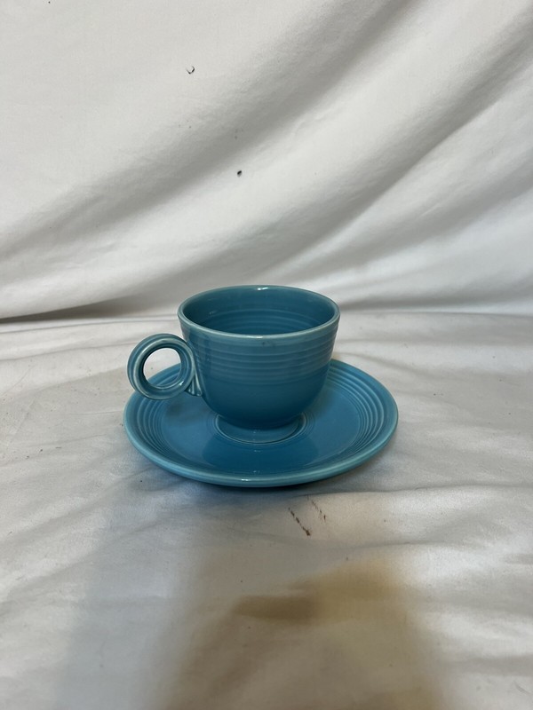 Fiesta Ware Turquoise Aqua Cup Saucer Homer Laughlin Fiestaware Ring Handle 