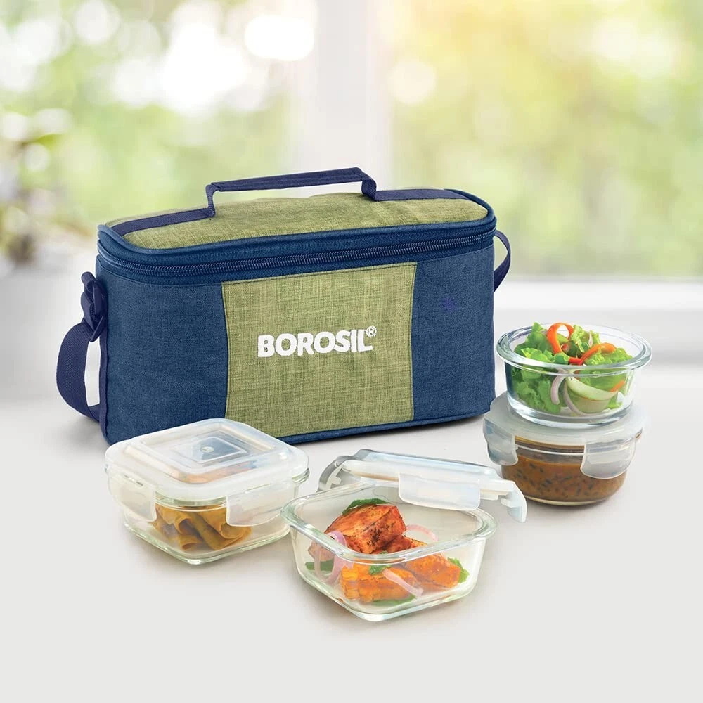 GLASS UNIVERSAL MICROWAVE SAFE OFFICE LUNCH BOX - SET OF 4 CONTAINERS