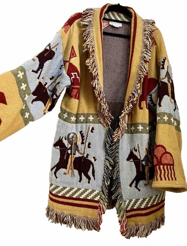 Lew Magram Collection Vintage Western Native Horse Art Tapestry Jacket Cardigan - Picture 2 of 15