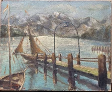 Oil Painting Starnberger See 1943 Sailboat Water Mountains Alps Steeg Germany
