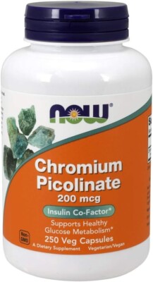 NOW Supplements Chromium Picolinate 200 mcg Insulin 250 Veg Capsules exp 08/26