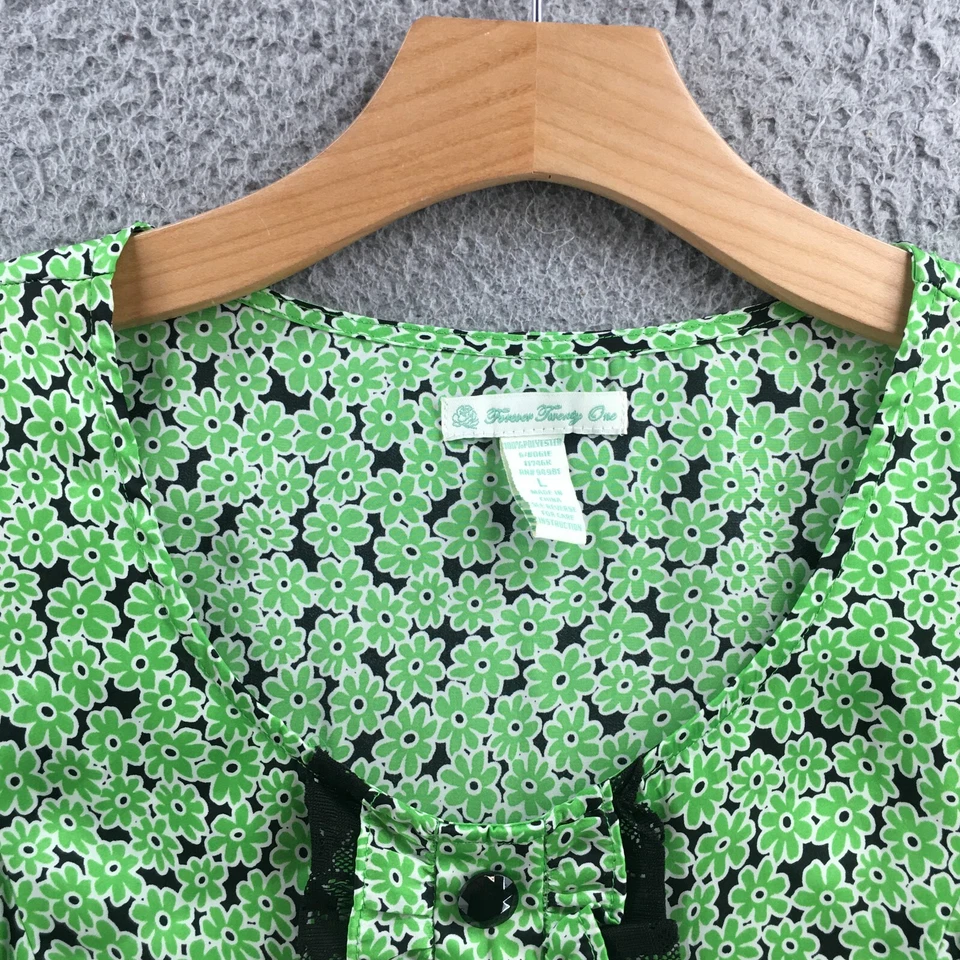 Blusa Top Forever Twenty One Mujer Grande Verde Floral Mangas Cuello Redondo Foto 3 de 4