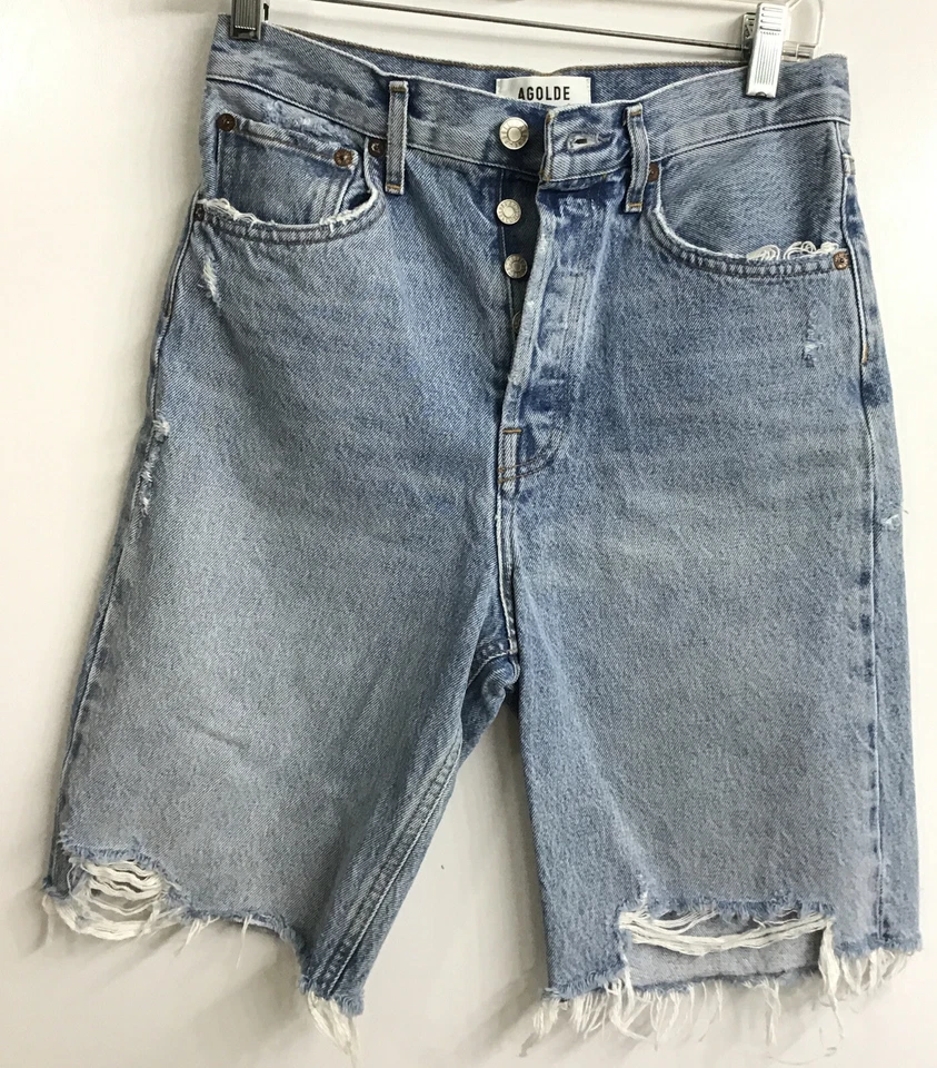 Agolde 90 年代中号蓝色百慕大棉纽扣门襟短裤 24 码