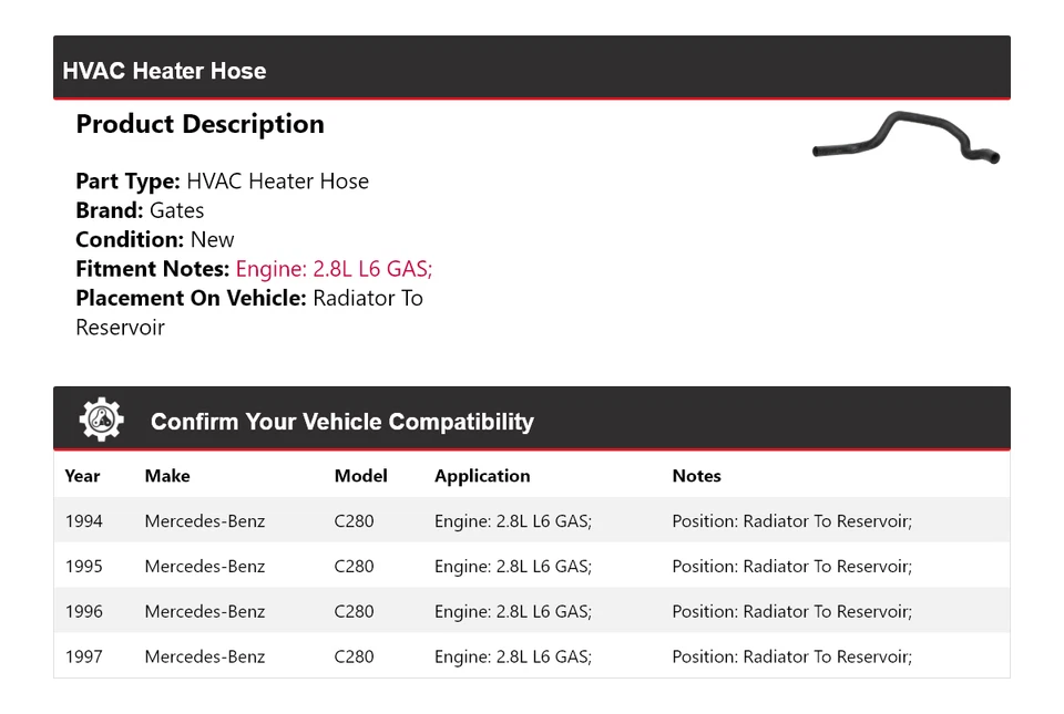 适用于 1994 - 1997 梅赛德斯 - 奔驰 C280 HVAC 加热器软管散热器到水库门 — 第 2/3 张图片