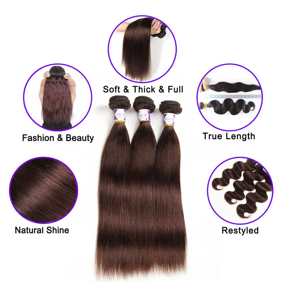 Paquetes de extensiones de cabello humano marrón oscuro trama recta cabello virgen Remy 1/3/4 un. Foto 2 de 4