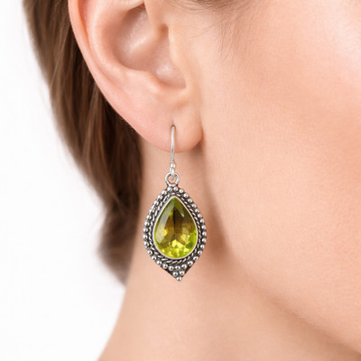Solid Silver Peridot Gemstone Drop Earrings For Wife Bohemian Jewelry 1.6''