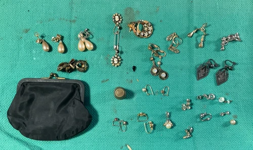 Large Lot of Vintage Costume Jewelry Earrings, Pairs and Singles, Coin Purse Etc