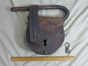 Antique 19th Century Large 12" Iron Padlock w/Key WORKS Jailer/Barn Lock 9.5 lbs