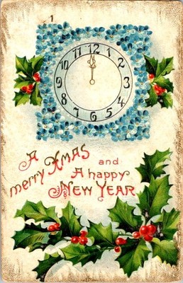 Antique Clock Face Christmas New Year Postcard c1900 Floral Chromolithograph