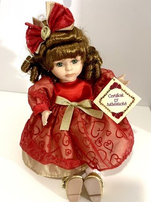 Dan Dee Doll Collectors Choice  Porcelain Plays Music Brown Hair Red Dress Moves