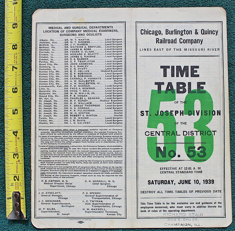 1939 CB&Q St Joseph Div Railway Chicago Burlington & Quincy St Joe Railroad