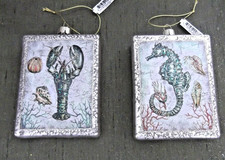 Set of 2 Coastal Sea life Christmas ornaments, Glass 4" Tall, Blues Silver NWT