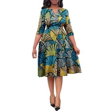 African Print Women's Dresses Ankara V-Neck Short Sleeve Knee-Length Dress