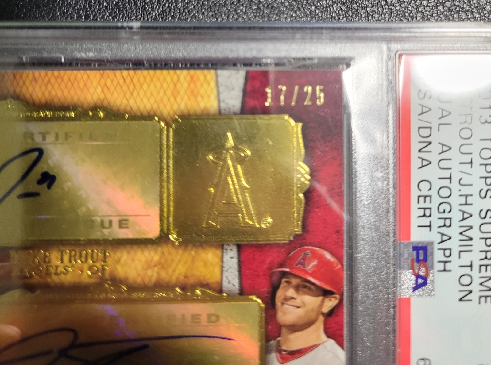 2013 Topps Supreme Mike Trout  & Josh Hamilton Dual Auto PSA 5/10 Auto #17/25 view 4