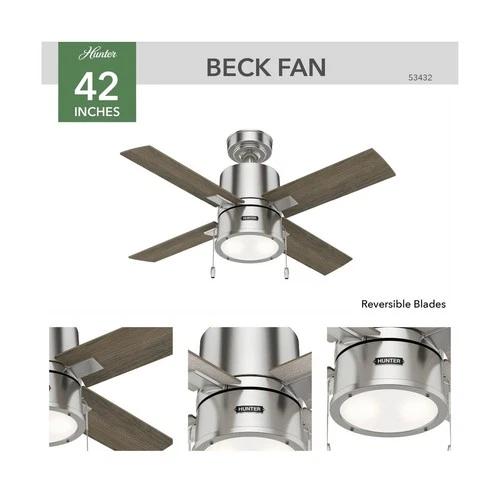42 Inch Indoor Ceiling Fan with LED Light, Pull Chain, 4 Blades, Brushed Nickel - Picture 3 of 6