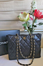 CHANEL Black Caviar Quilted Tote Bag Gold Cha...