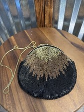 Vintage La Regale Beaded Evening Bag Black Gold Clutch w Chain Strap