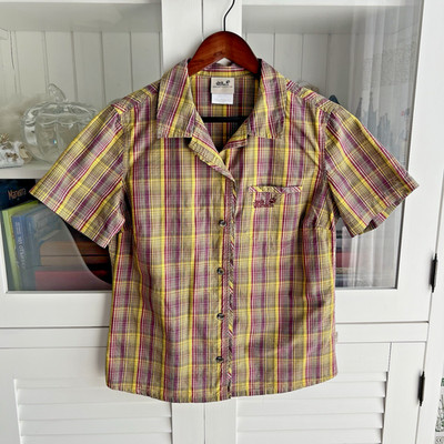 JACK WOLFSKIN Women's Size M Short-Sleeve Plaid Trekking Shirt, Organic Cotton
