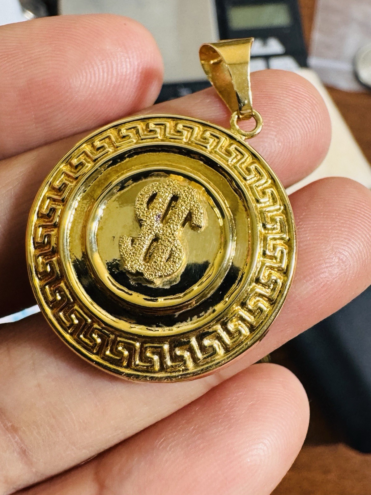 18K 750 Real Genuine Gold Round $ Sign Pendant only 3g NO Chain Mens Womens