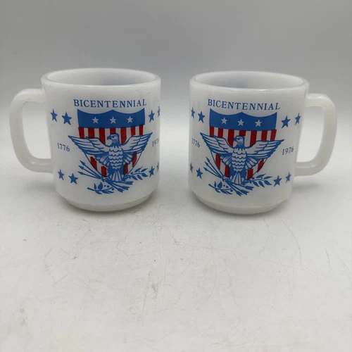 2-GLASBAKE Milk Glass Mugs Vtg BICENTENNIAL '76 Eagle/Flag/Shield/Stars/Stripes