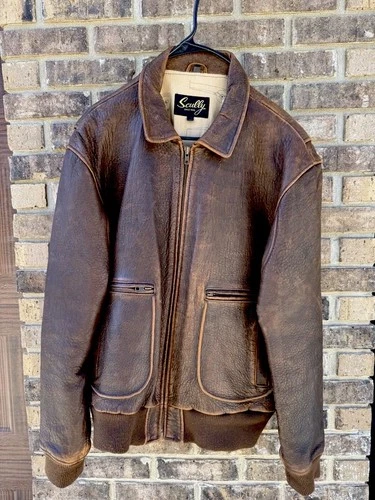 Vintage Scully Men's Brown Lambskin Leather Bomber Jacket L  Short Point Collar - product listing photo
