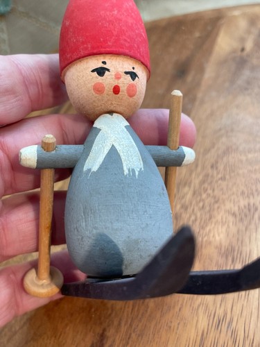 5" Tomte Wooden Figure Sweden Handmade - Skier or Skiing - Picture 5 of 5