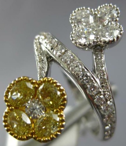 LARGE 1.98CT WHITE & FANCY YELLOW DIAMOND 18K 2 TONE GOLD 3D DOUBLE FLOWER RING
