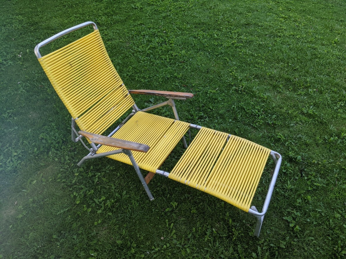 椅子　純喫茶　昭和レトロ　日本製　ビンテージ　イエロー　中古品 70's Vintage Telescope Aluminum Lawn Lounge Chair Retro Yellow