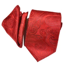 Men's dark red paisley pattern neck tie with hankie