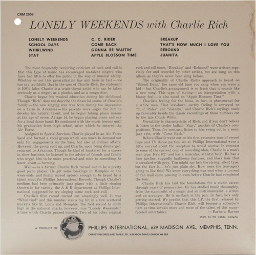 CHARLIE RICH Lonely Weekends USED 1981 LP Country Reissue Vinyl Record CHRL-2009 - Picture 2 of 2
