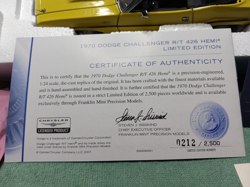 Very Rare FRANKLIN MINT 1970 Dodge Challenger R/T HEMI Limited 212 / 2500! - Picture 4 of 7