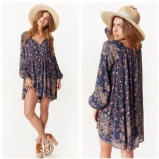 Free People Dress Lucky Loosie Tunic Floral Blue Swing Babydoll Mini Small Boho
