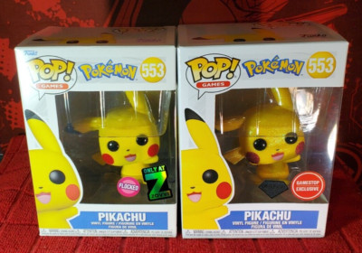 Funko Pop Pokemon Pikachu Flocked 553 (Zavvi) & Pikachu Diamond