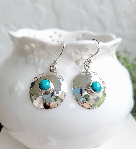 Hammered Turquoise Natural Stones Sterling Silver 925 Drop Statement Earrings - Picture 2 of 9