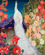 White Peacock In Red Poppy Pink Hollyhock Garden ceramic tile mural backsplash