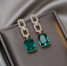 Sterling Silver Elegant Wedding Green Dress Bridal Long Drop Dangle Earrings