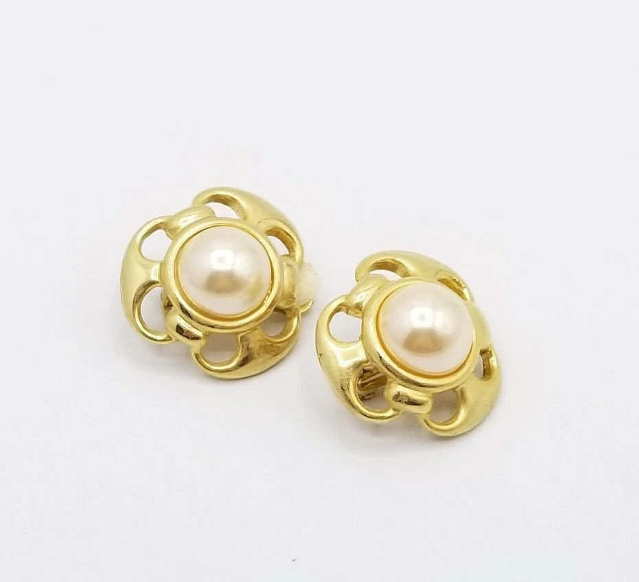 Boucles d'oreilles clips vintage PAOLO GUCCI fausse perle bijou années 80 créateur haut de gamme